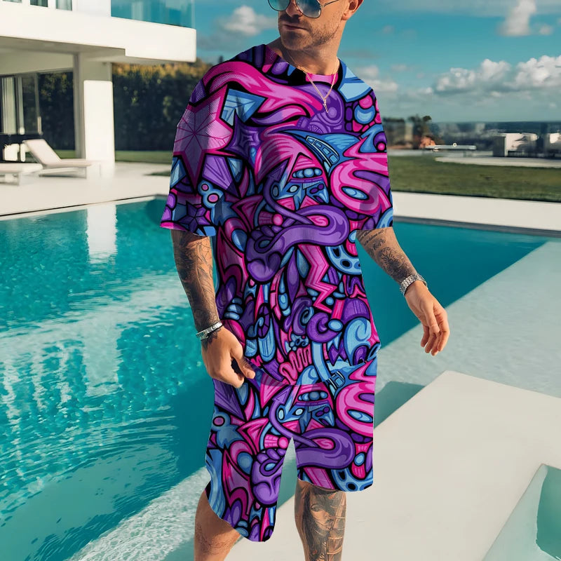 Men’s 2-Piece Summer Casual Set – 3D Print T-Shirt & Shorts