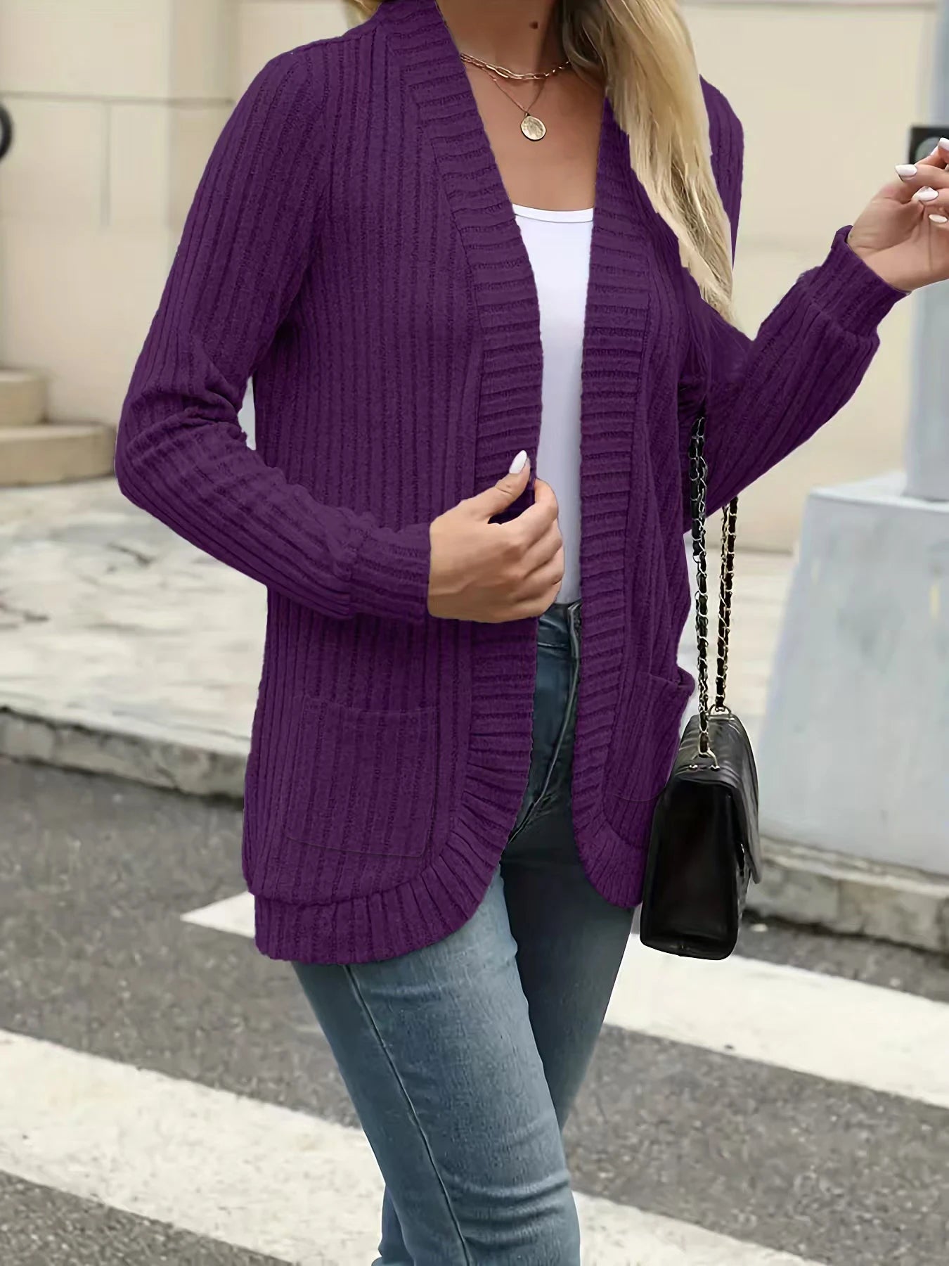 New fashion women's solid color casual pit stripe brushed cardigan jacket