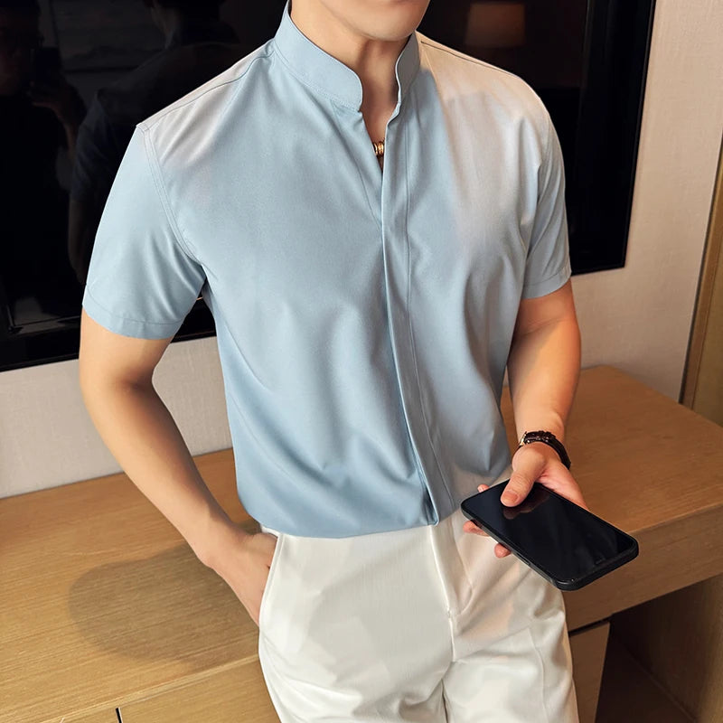 Men’s stand collar V-neck stretch shirt white fashion