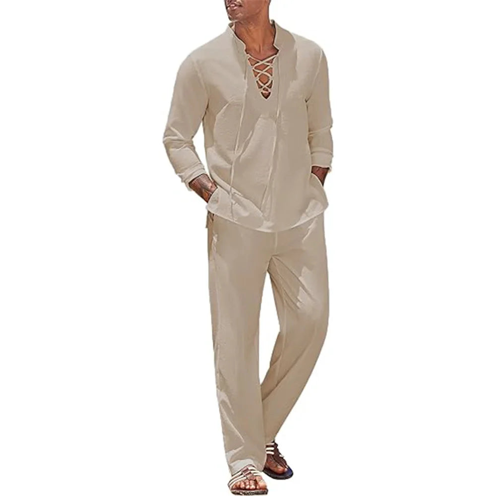 Men’s 2pcs Cotton Linen Beach Set Shirt & Pants