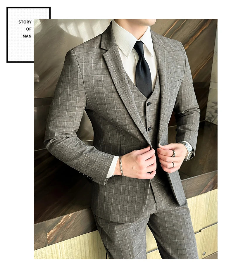 Men’s Plaid 3-Piece Suit Business Wedding Elegant Fashion Set