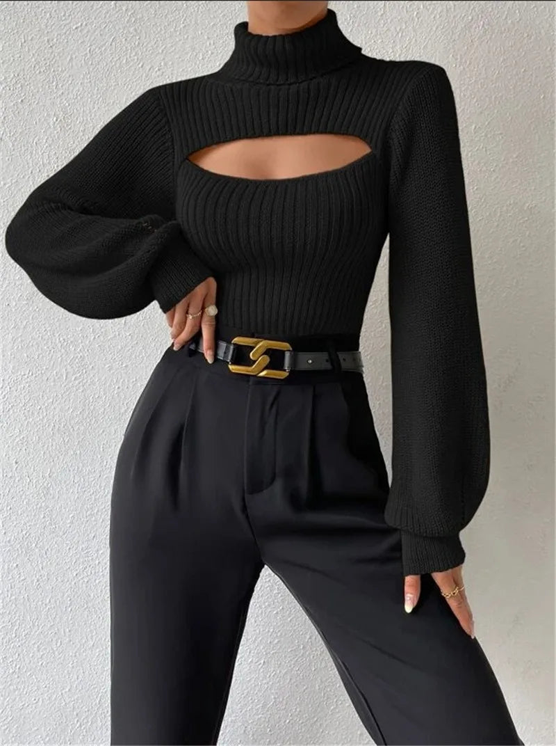Sexy loose sweater with high neck and hollow design