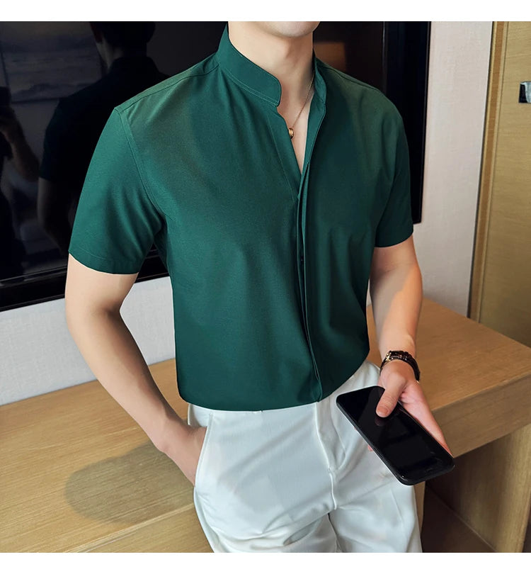 Men’s stand collar V-neck stretch shirt white fashion