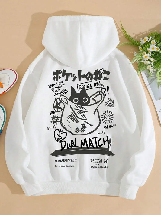 Cute Cat Cartoon Hoodie for Women – Casual Harajuku
