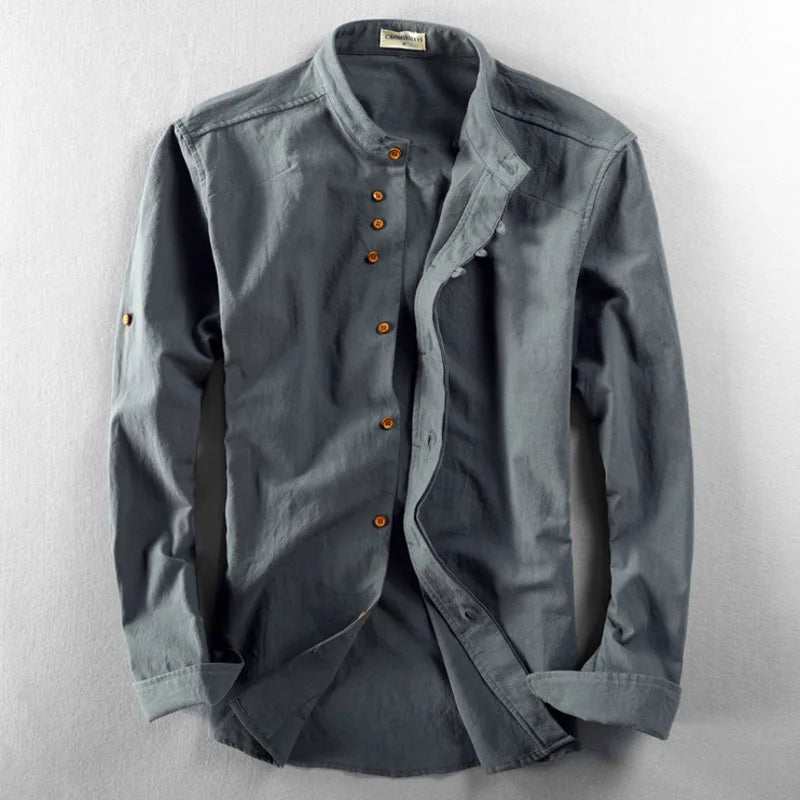 Japan style linen shirt men slim fit breathable