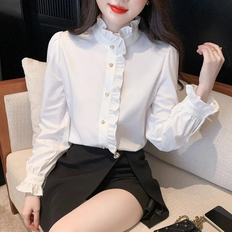 Elegant French style white women’s shirt, long sleeve top