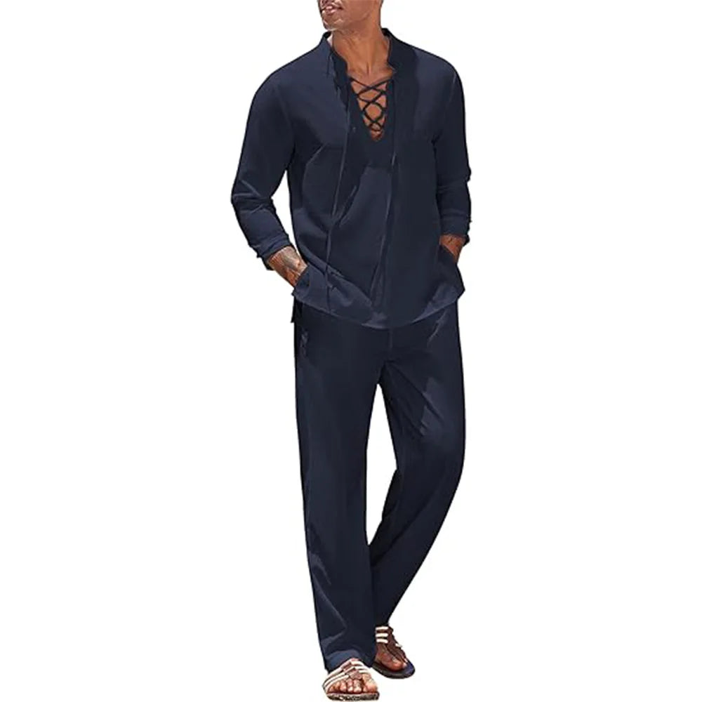 Men’s 2pcs Cotton Linen Beach Set Shirt & Pants