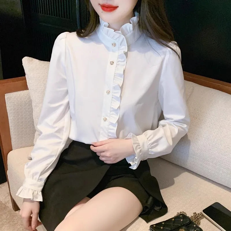 Elegant French style white women’s shirt, long sleeve top
