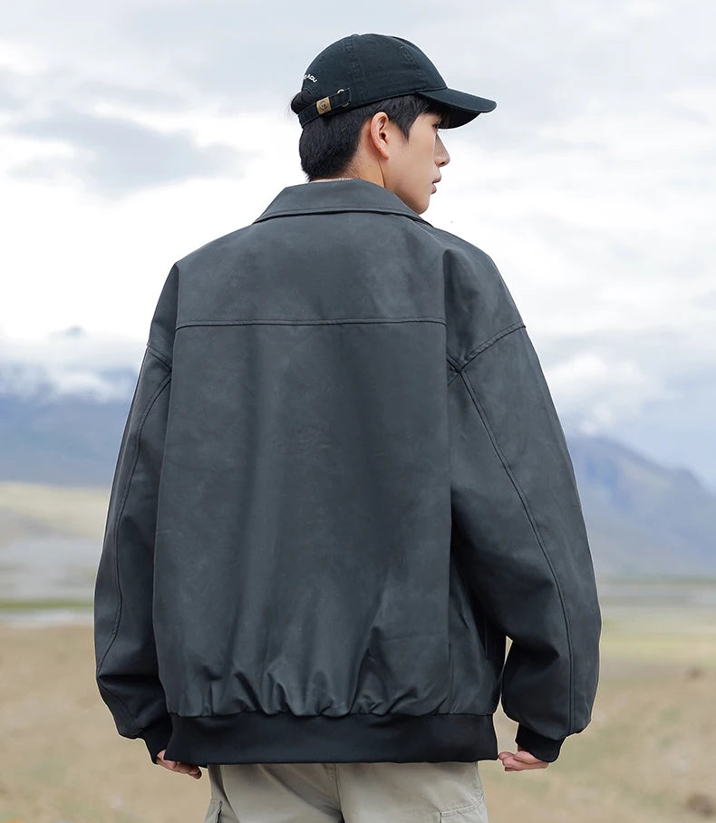 Men's Korean PU Leather Biker Jacket Brown Zipper Coat