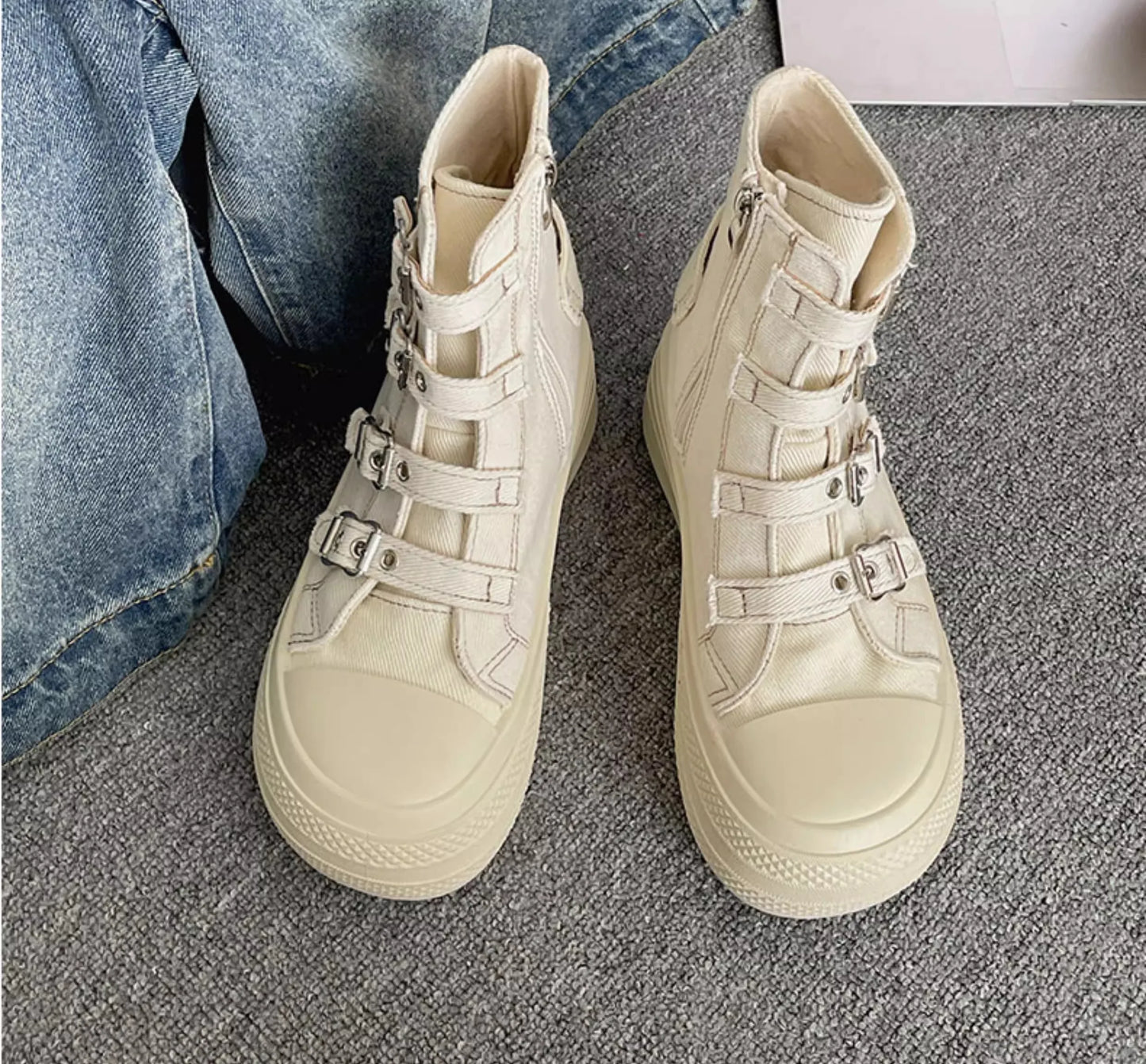 CHABELLA Women's High Top Canvas Shoes with Buckle, Zip, Street Style Comfort