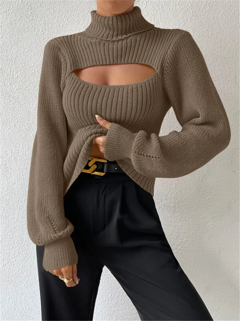 Sexy loose sweater with high neck and hollow design
