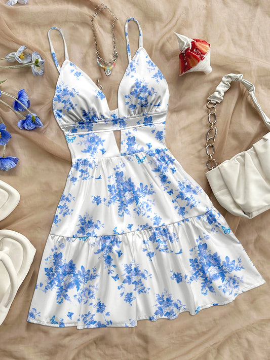 Women's Light Blue Floral Summer Dress – Slim Fit Beach Vacation Outfit