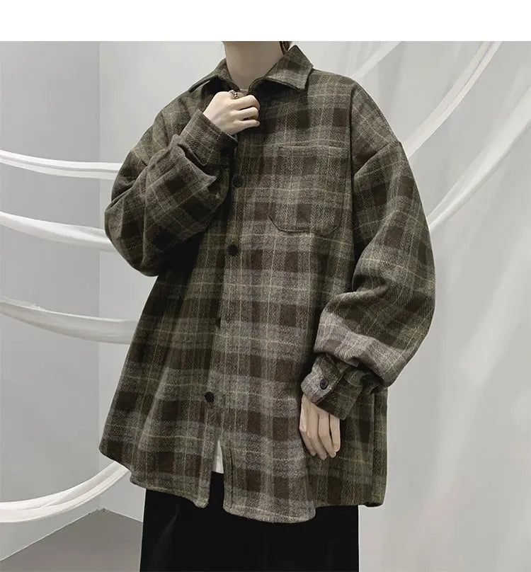 Vintage Korean Flannel Shirt Y2K Plaid Streetwear Winter