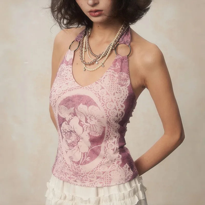 Karrcat Y2K Purple Halter Top – Harajuku Flower Print