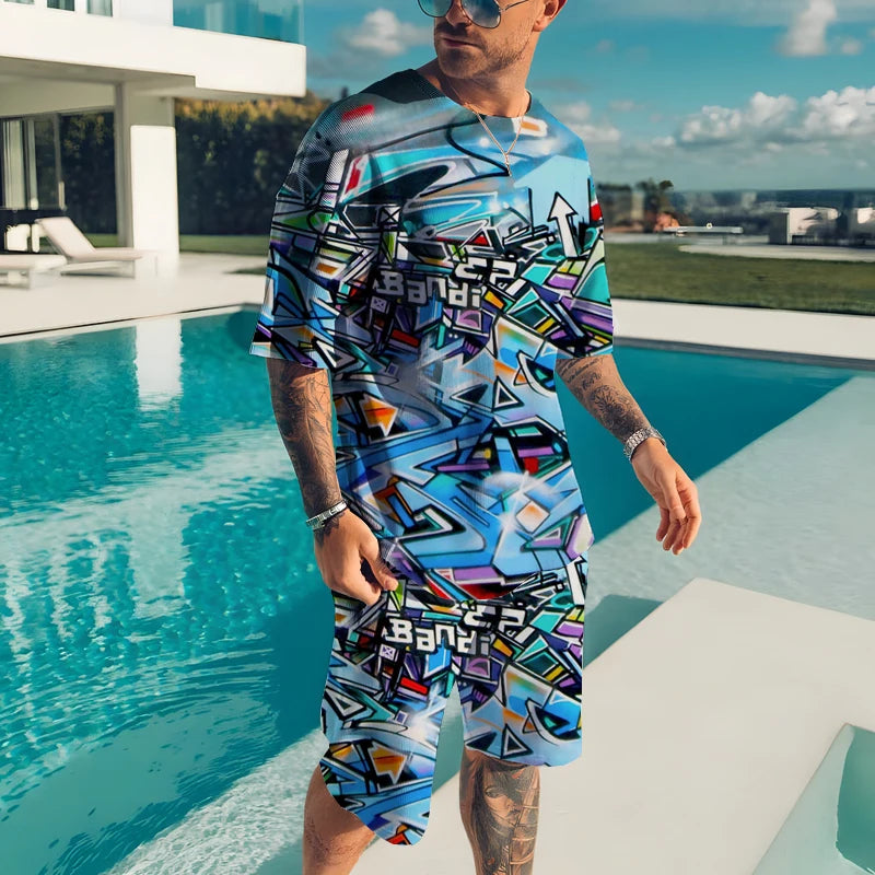 Men’s 2-Piece Summer Casual Set – 3D Print T-Shirt & Shorts