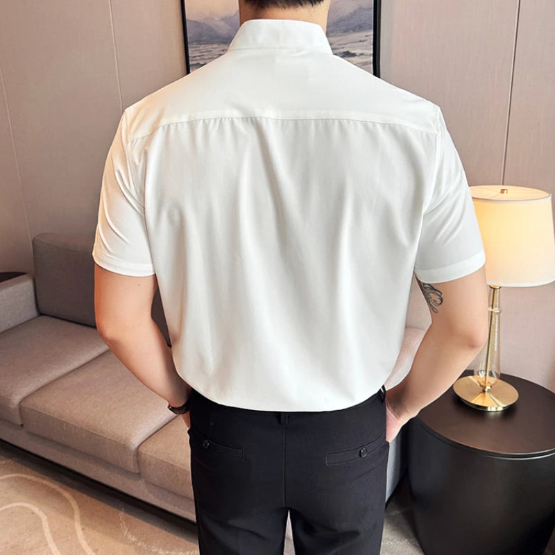 Men’s stand collar V-neck stretch shirt white fashion