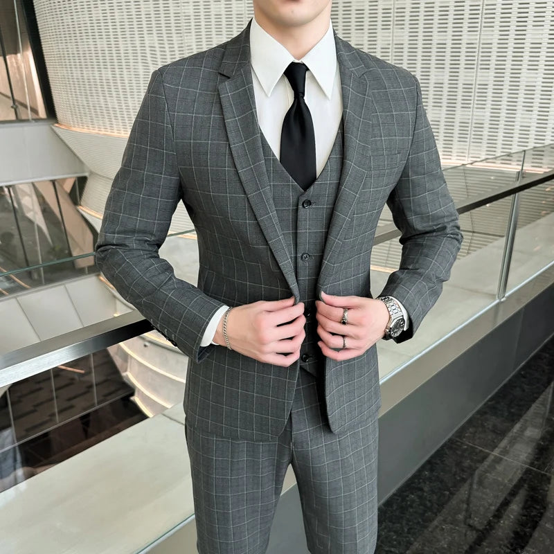 Men’s Plaid 3-Piece Suit Business Wedding Elegant Fashion Set