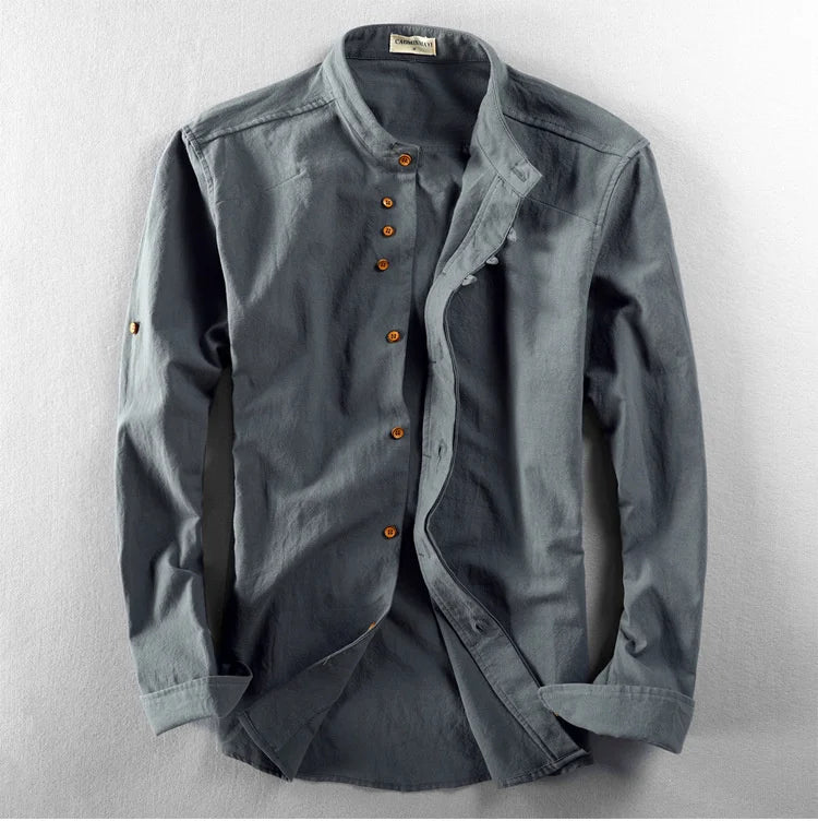 Japan style linen shirt men slim fit breathable