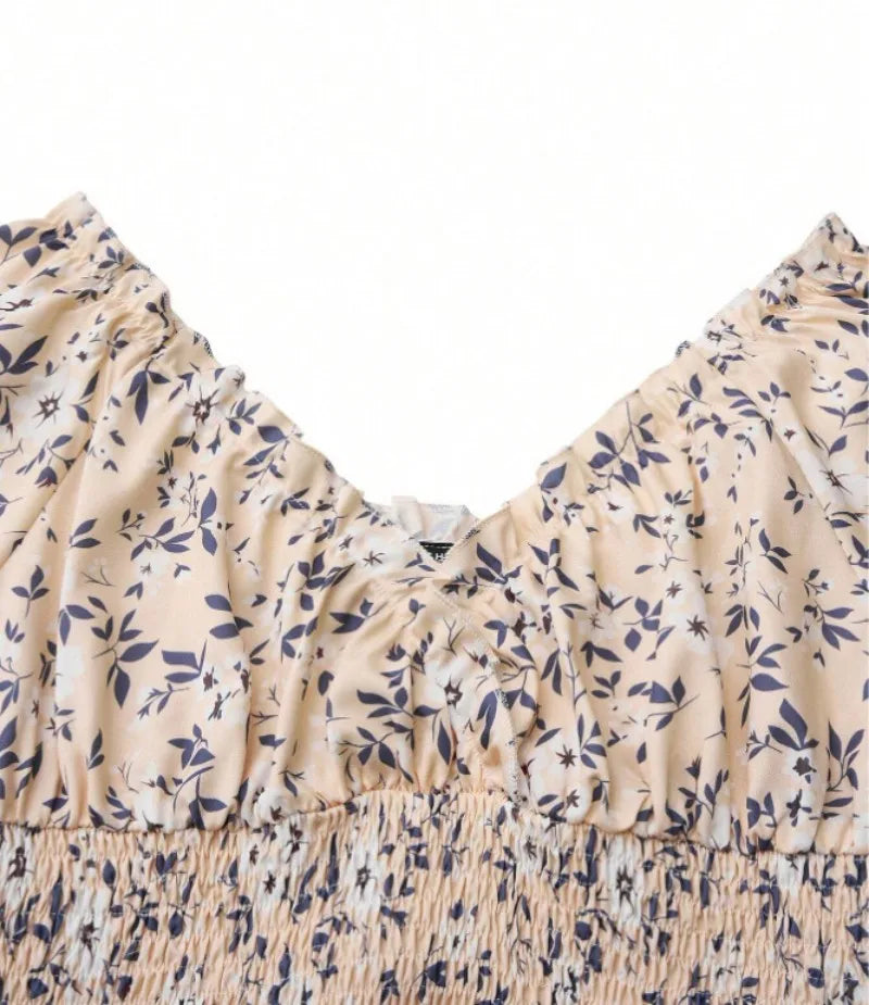 Women's Summer Floral Dress – Fluffy Cuffs & Pleated Waist