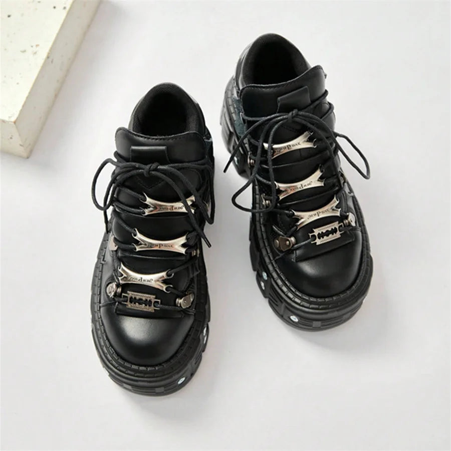 Punk Gothic Women Black Platform Lace-up Ankle Boots