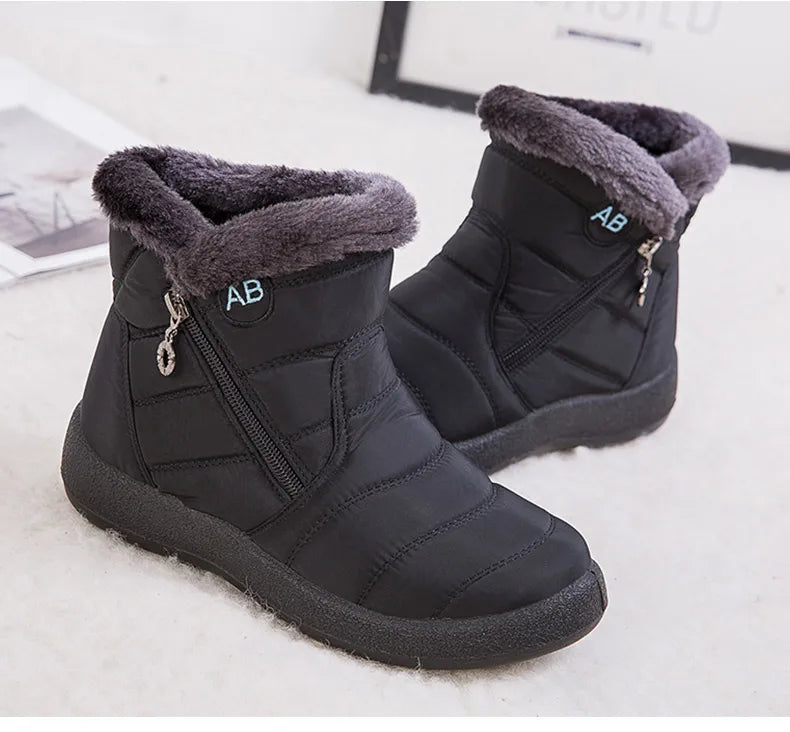 Stylish women's ankle boots with fur, low heels, waterproof winter shoes