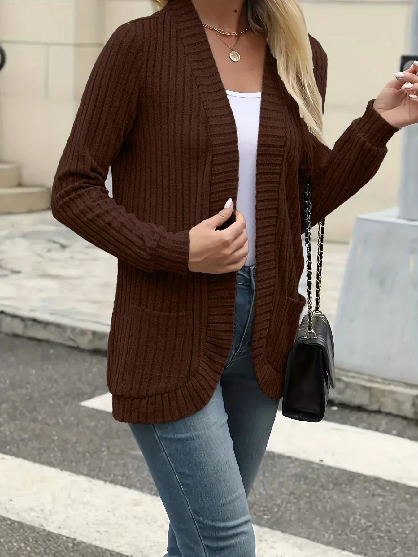 New fashion women's solid color casual pit stripe brushed cardigan jacket