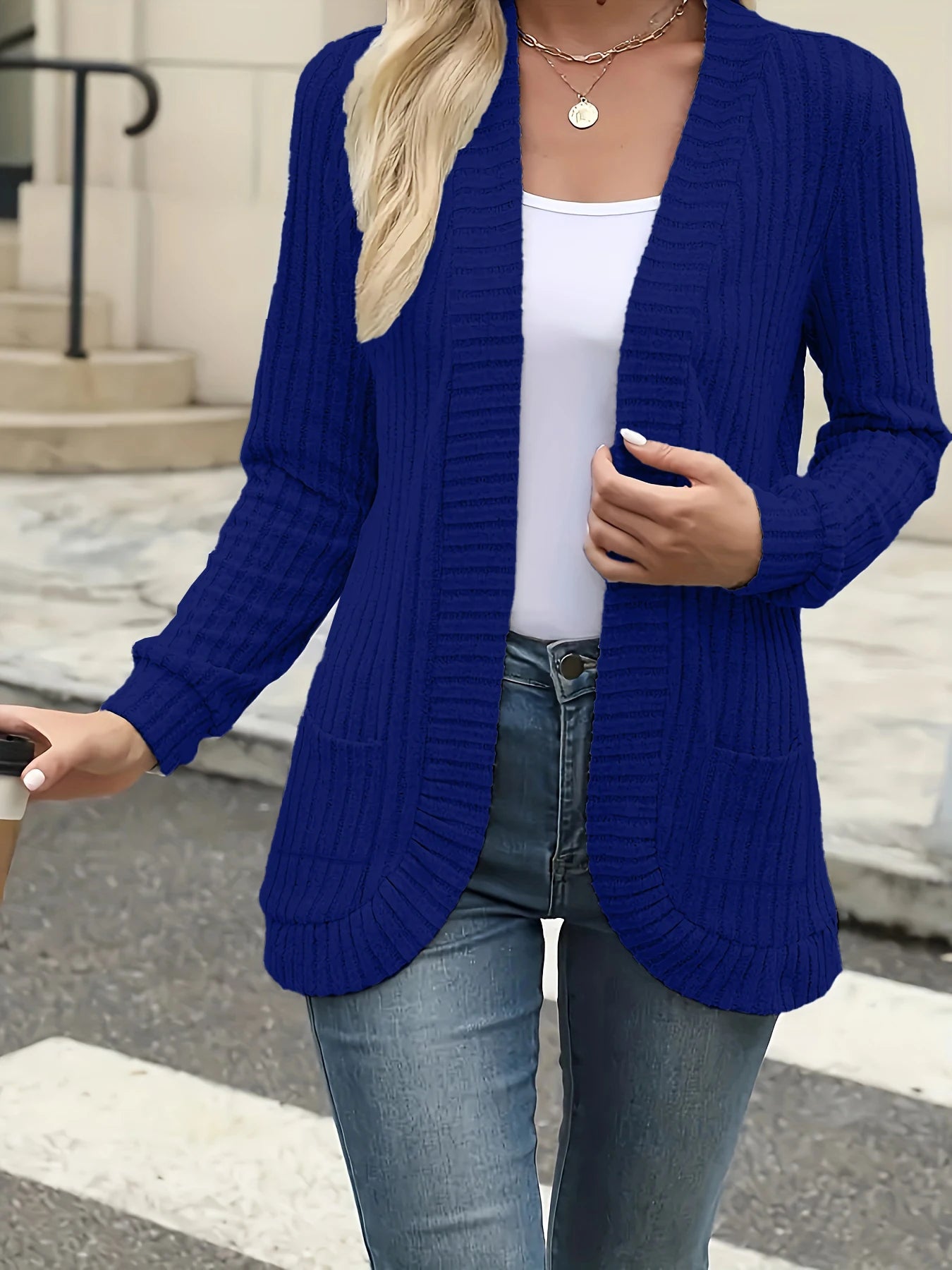 New fashion women's solid color casual pit stripe brushed cardigan jacket