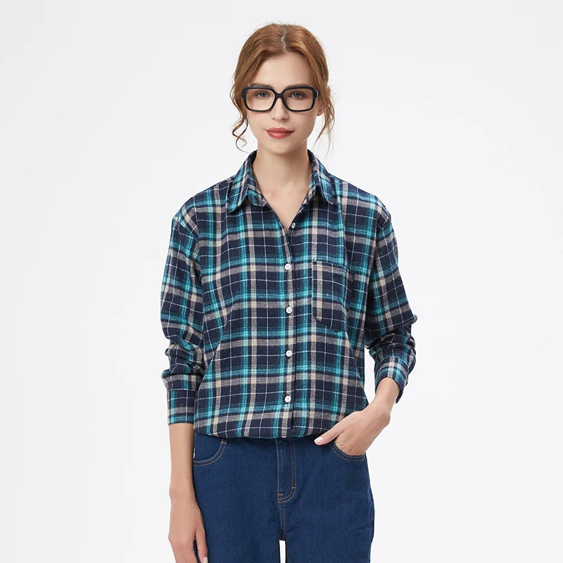 Women's plaid flannel shirt, loose fit, spring casual style