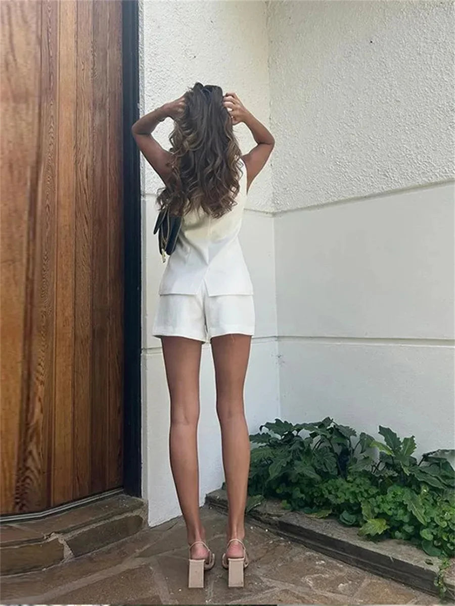 Women's Summer Denim Shorts Set Sleeveless Top & High Waist Shorts