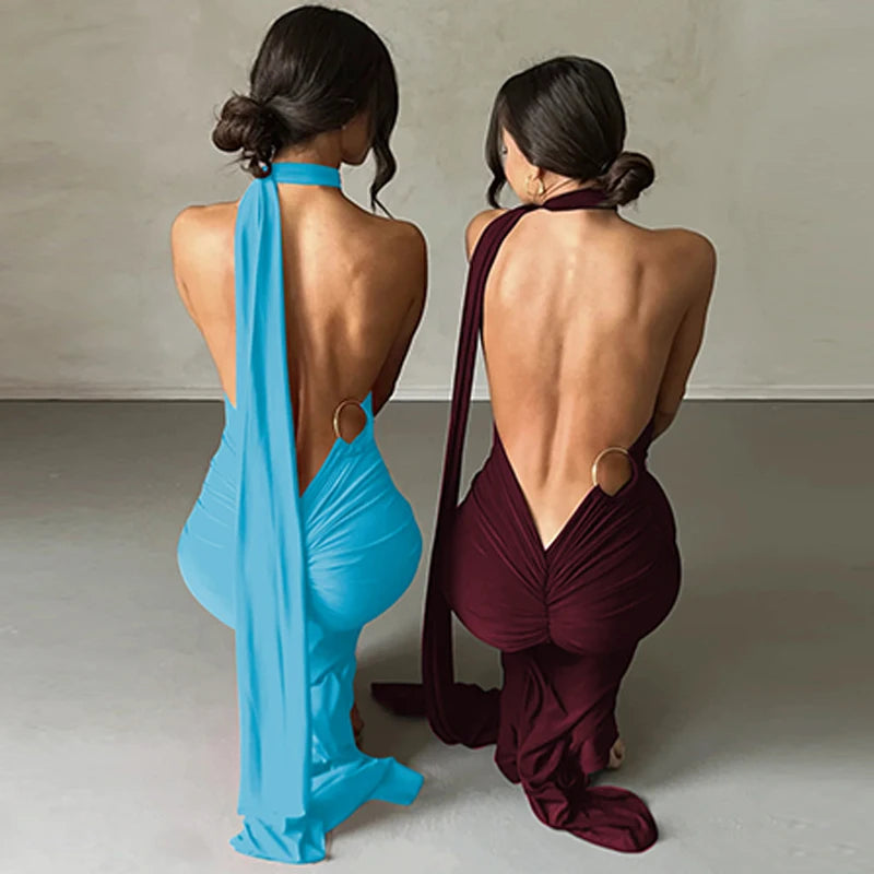 Hugcitar One Shoulder Backless Ruched Maxi Dress Women Y2K