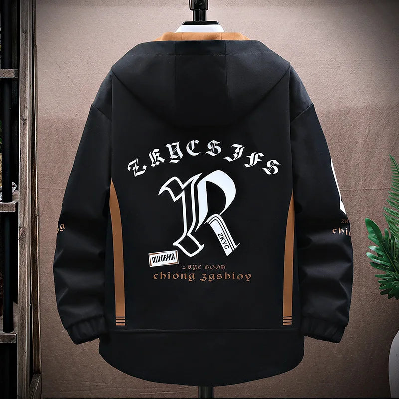 Men's Hooded Patchwork Jacket  Autumn Windbreaker Streetwear