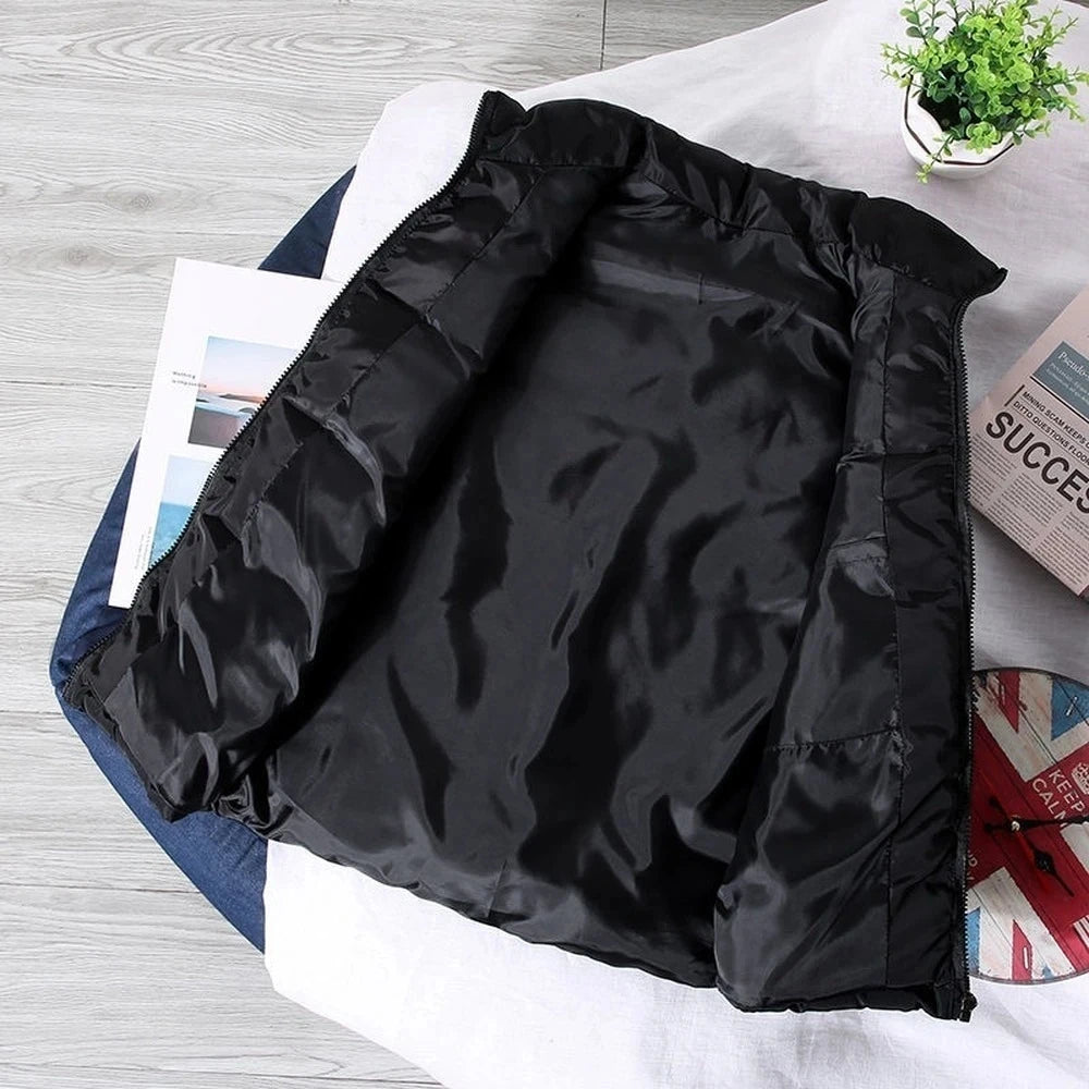 Men White Slim Vest Jacket Stand Collar Puffer Waistcoat