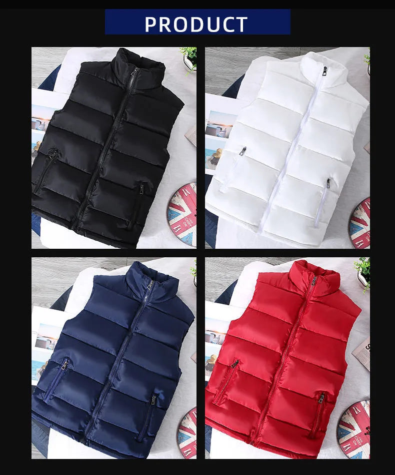 Men White Slim Vest Jacket Stand Collar Puffer Waistcoat