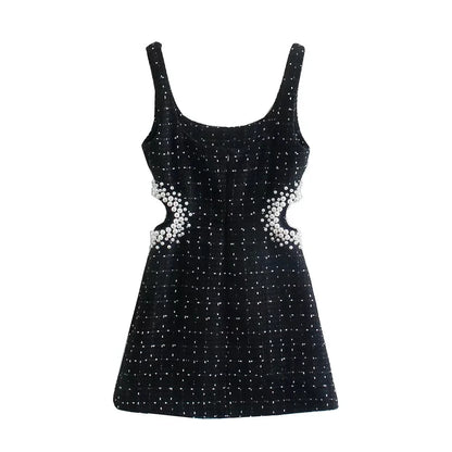 XEASY Women's Black Plaid Tweed Mini Dress with Pearl