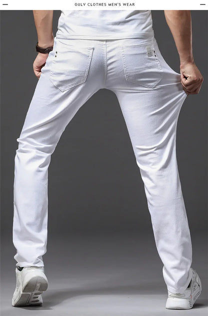 Men's White Slim Fit Jeans – Casual Classic Stretch Pants
