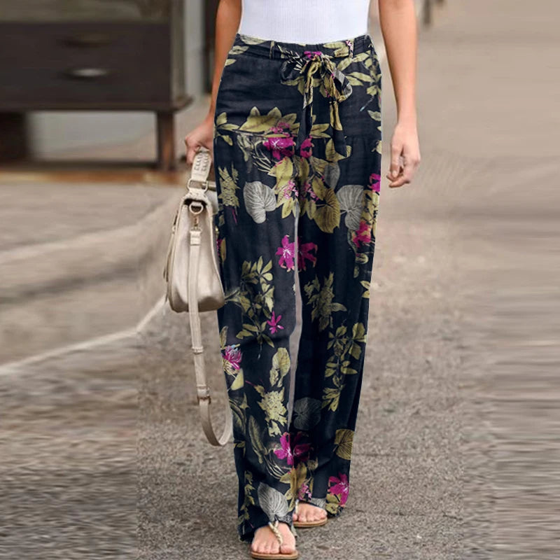 Women High Waist Wide-Leg Casual Printed Pants