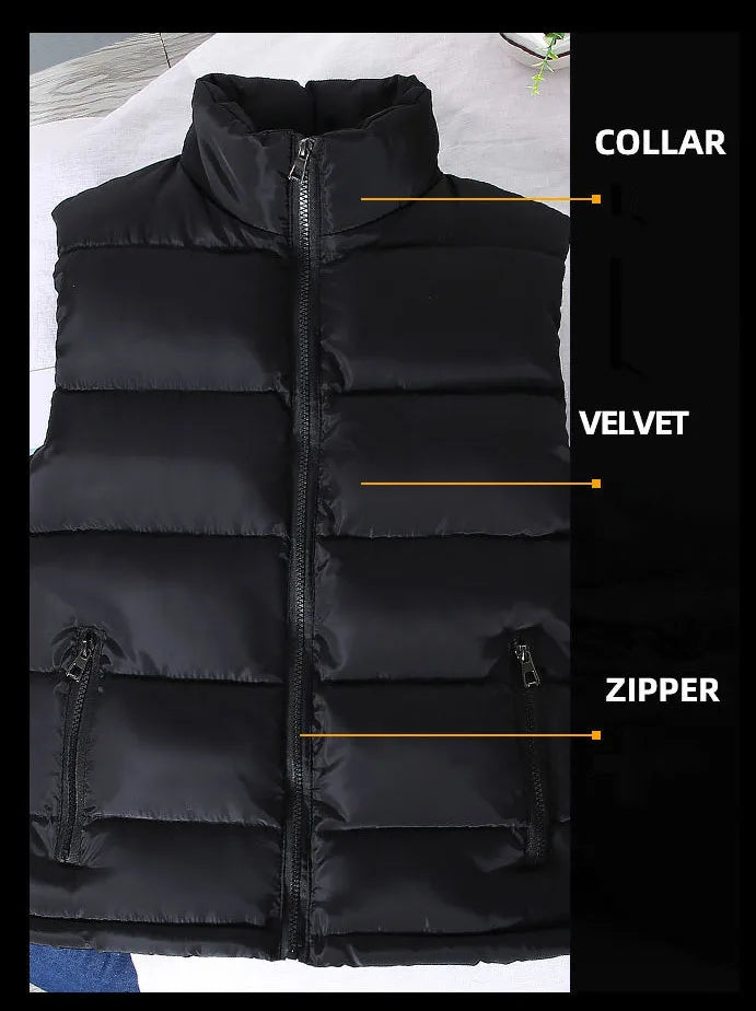 Men White Slim Vest Jacket Stand Collar Puffer Waistcoat