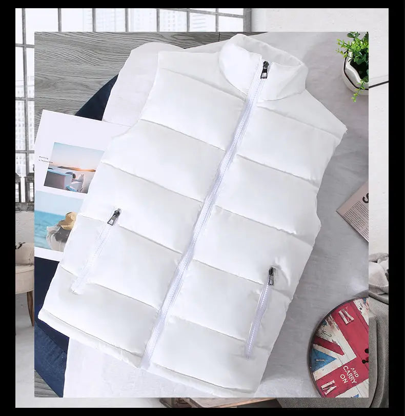 Men White Slim Vest Jacket Stand Collar Puffer Waistcoat