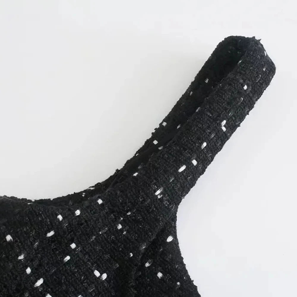 XEASY Women's Black Plaid Tweed Mini Dress with Pearl