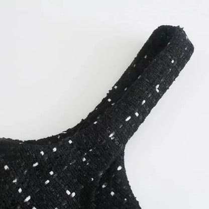 XEASY Women's Black Plaid Tweed Mini Dress with Pearl