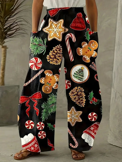 Plus Size Christmas Print Wide Leg Pants