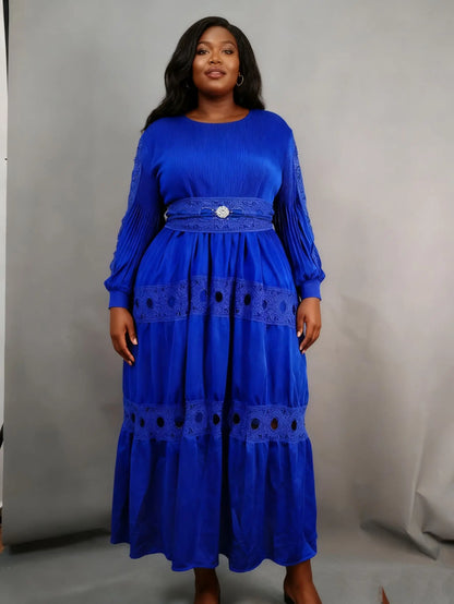 Elegant pleated plus-size dress, lace, belt, stretchy, chic