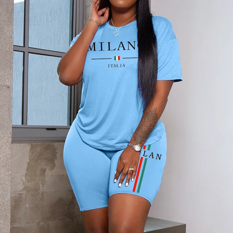 Milan Letter Women's Summer T-Shirt & Shorts Set
