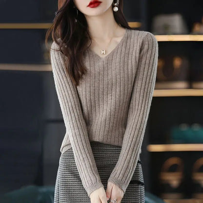 Women V-Neck Knitted Sweater Long Sleeve Top