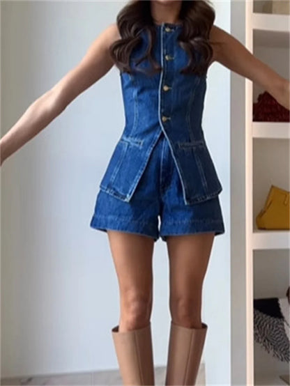 Women's Summer Denim Shorts Set Sleeveless Top & High Waist Shorts