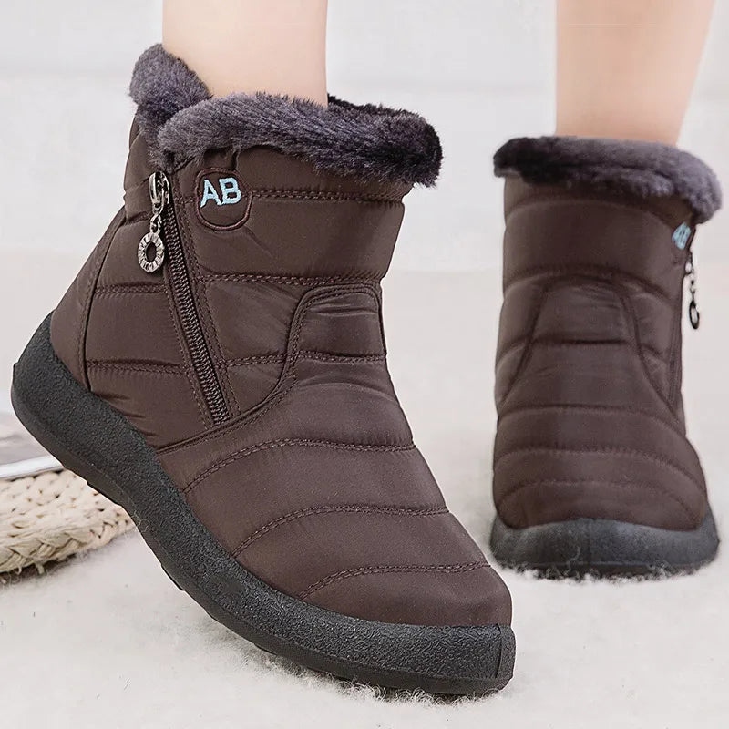 Stylish women's ankle boots with fur, low heels, waterproof winter shoes