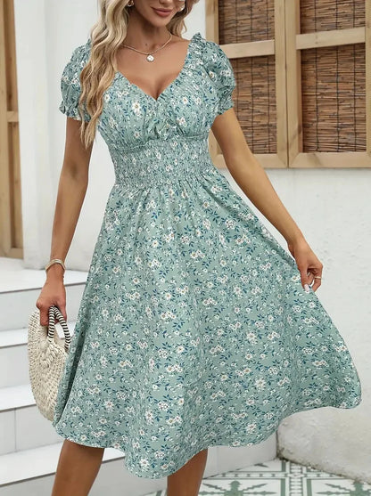 Women's Summer Floral Dress – Fluffy Cuffs & Pleated Waist