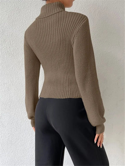 Sexy loose sweater with high neck and hollow design