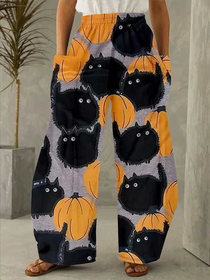 Plus Size Christmas Print Wide Leg Pants