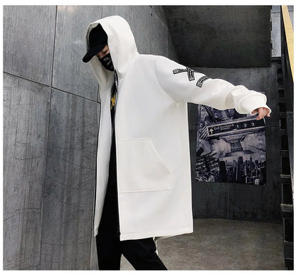 Men 5XL Hooded Long Jacket, Black & White, Hip Hop Streetwear